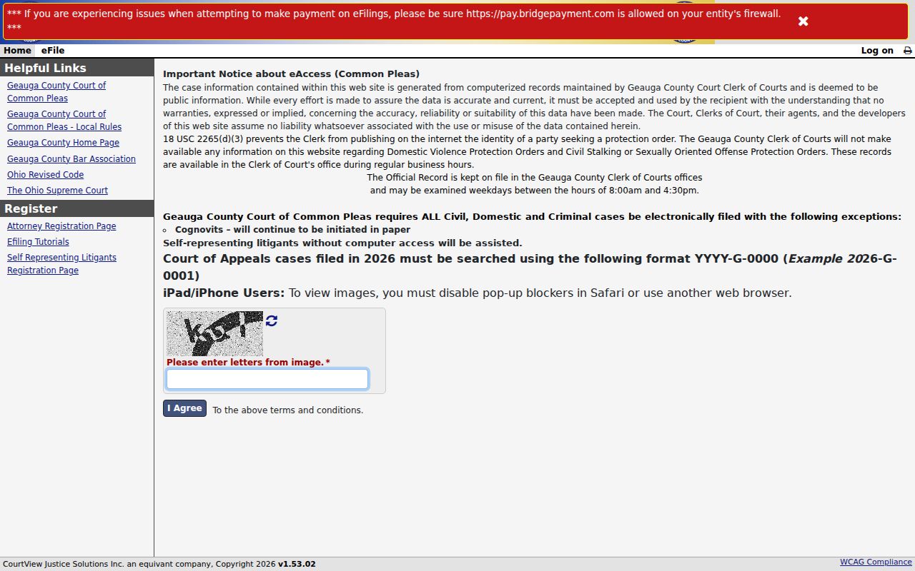 Geauga County case search Common Pleas eAccess verification gateway